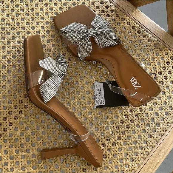 ZARA Embellished Bow Heels NWT – Vinyl Sandals with Rhinestone Detail, Sz 8 & 10 - Picture 3 of 16